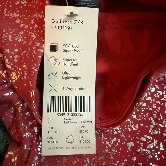 NWT- Sweaty Betty 7/8 Goddess Yoga Leggings Red Terrazzo Disco Foil Print Sz S - Picture 5 of 6